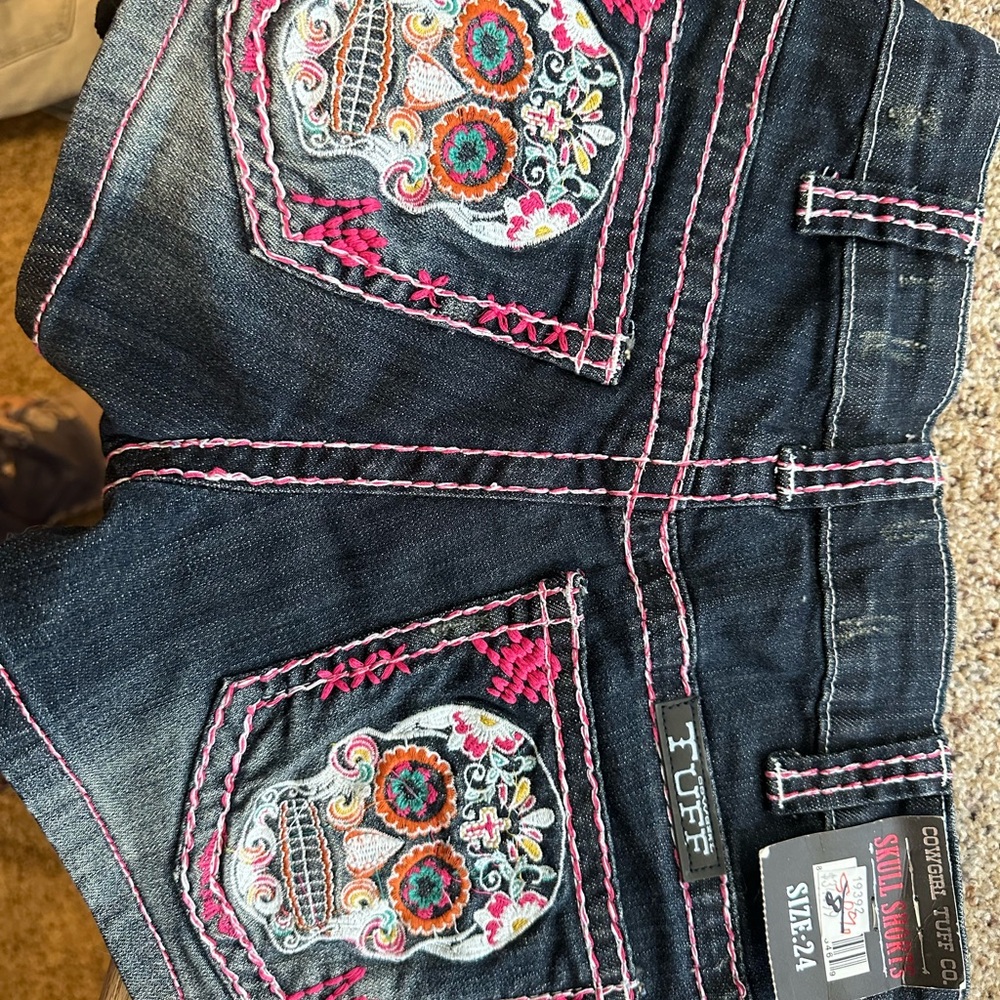Cowgirl Tuff Blue and Pink Shorts with Skull Embroidery